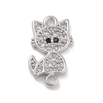 Brass Pave Clear & Black Cubic Zirconia Pet Kitten Connector Charms, Cat Shape Charms, Platinum, 15x8.5x1.5mm, Hole: 1.4mm