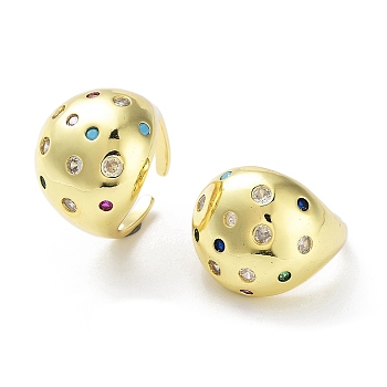 Brass with Colorful Cubic Zirconia Open Cuff Rings, Real 16K Gold Plated, Inner Diameter: 17mm