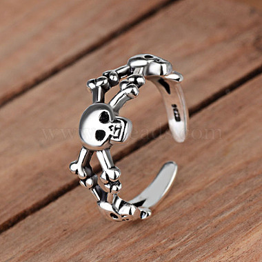 Thailand Sterling Silver Skull Spider Open Cuff Finger Ring(SKUL-PW0002-042S)-2