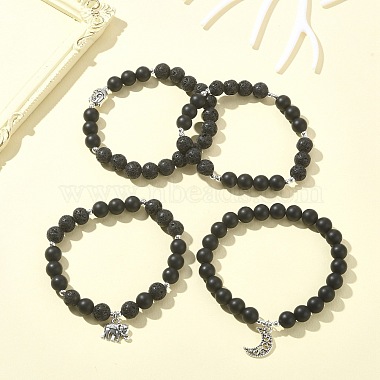 4шт. 4 комплект эластичных браслетов в стиле натурального лавового камня и черного агата и гематита из бисера(BJEW-JB09508)-5