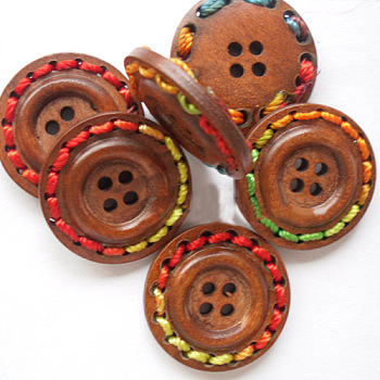 Round 4-holeButtons with Colorful Thread Wrapped, Wooden Buttons, Saddle Brown, 25mm in diameter