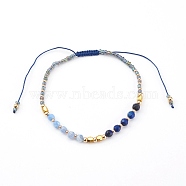 Adjustable Nylon Cord Braided Bead Bracelets, with Natural Lapis Lazuli(Dyed) Beads & Agate, Glass Seed Beads and Brass Beads, Golden, Inner Diameter: 2-1/8~3-1/2 inch(5.5~9cm)(BJEW-JB06024-05)