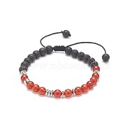 Natural Carnelian(Dyed & Heated) & Lava Rock Braided Bead Bracelet, Essential Oil Gemstone Yoga Jewelry for Women, Inner Diameter: 2-1/8~3-1/2 inch(5.4~9.1cm)(BJEW-TA00188-02)