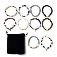 10Pcs 10 Styles Polymer Clay Heishi Beads Stretch Bracelets Sets, Stackable Bracelets, with Brass Beads and Brass Micro Pave Cubic Zirconia Charms, Mixed Color, Inner Diameter: 2~2-1/8 inch(5.2~5.5cm), 1pc/style(BJEW-JB05923)
