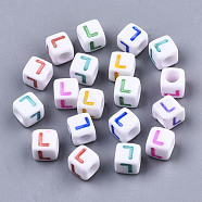 Opaque White Acrylic Beads, with Enamel, Horizontal Hole, Cube with Mixed Color Letter, Letter.L, 6x6x6mm, Hole: 3mm, about 2900pcs/500g(SACR-R252-02L)