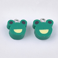 Handmade Polymer Clay Charms, with Iron Findings, Frog, Platinum, Green, 11~14x8~12x4~5mm, Hole: 1.8mm(X-CLAY-S091-93)