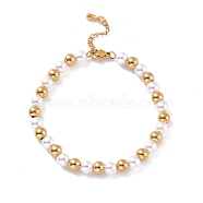 Vacuum Plating 201 Stainless Steel & Plastic Pearl Round Beaded Bracelet for Women, Golden, 7-1/8 inch(18cm)(STAS-D179-01G)