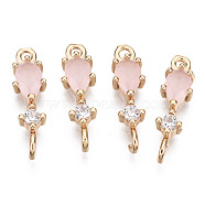 Brass Micro Pave Cubic Zirconia Links Connectors, with Glass, Long-Lasting Plated, Light Gold, Teardrop, Pink, 17x5x3.5mm, Hole: 1.5mm(X-KK-R111-007-A07)