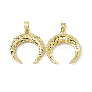 Brass Micro Pave Colorful  Cubic Zirconia Pendants, Double Horn/Crescent Moon Charms, Real 18K Gold Plated, 21.5x20x3mm, Hole: 4.5x3mm(KK-E068-VC064)