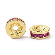 Brass Fuchsia Cubic Zirconia Beads, Long-Lasting Plated, Lead Free & Cadmium Free, Flat Round, Real 18K Gold Plated, 8x3mm, Hole: 1.8mm(ZIRC-C022-08G)