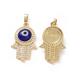 Brass Micro Pave Cubic Zirconia Pendants, with Handmade Evil Eye Lampwork, Hamsa Hand Charm, Real 18K Gold Plated, Blue, 25x16x5mm, Hole: 4x6.5mm(ZIRC-F136-03G-01)