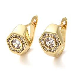 Real 18K Gold Plated Brass with Cubic Zirconia Hexagon Hoop Earrings, Cadmium Free & Lead Free, White, 10.5x15.5x15mm(KK-Z033-30A)