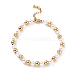 PVD Vacuum Plating 201 Stainless Steel & Plastic Pearl Round Beaded Bracelet for Women, Golden, 7-1/8 inch(18cm)(STAS-D179-01G)