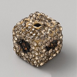 Handmade Polymer Clay Beads, Rhinestone Pave Disco Beads, Cube, Lt.Col.Topaz, 14.5x14.5x14.5mm, Hole: 3mm(CLAY-TAC0011-03B-03)