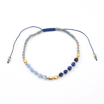 Adjustable Nylon Cord Braided Bead Bracelets, with Natural Lapis Lazuli(Dyed) Beads & Agate, Glass Seed Beads and Brass Beads, Golden, Inner Diameter: 2-1/8~3-1/2 inch(5.5~9cm)
