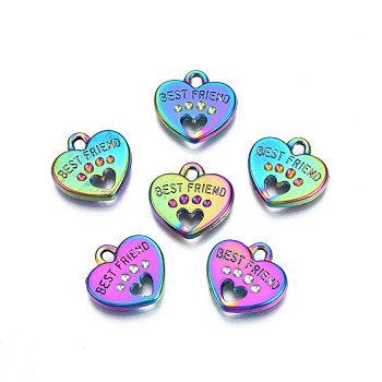 Rack Plating Rainbow Color Alloy Pendant Rhinestone Settings, Cadmium Free & Nickel Free & Lead Free, Heart with Word Best Friend, Fit for 1.2mm rhinestone, 14.5x15x3mm, Hole: 1.8mm
