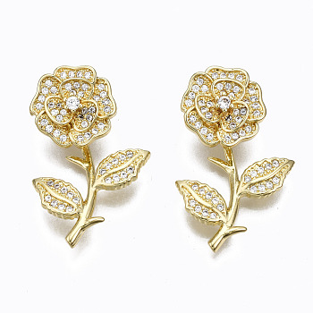 Brass Micro Pave Clear Cubic Zirconia Pendants, Nickel Free, Flower, Real 16K Gold Plated, 28x18x8mm, Hole: 2x4mm
