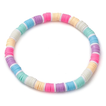 Rainbow Color Disc Handmade Polymer Clay Beaded Stretch Bracelets for Women, Colorful, Inner Diameter: 2 inch(5.05cm)