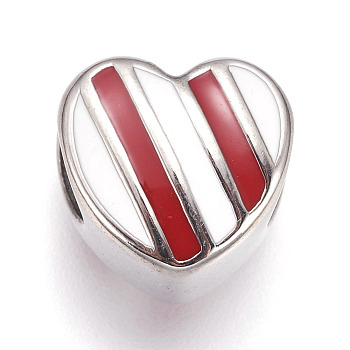 304 Stainless Steel European Beads, with Enamel, Large Hole Beads, Heart, Red, Stainless Steel Color, 11x11x8mm, Hole: 5mm
