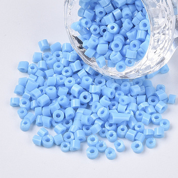 6/0 Glass Bugle Beads, Opaque Colours, Light Sky Blue, 6/0 3.5~5x3.5~4mm, Hole: 1mm, about 4500pcs/bag