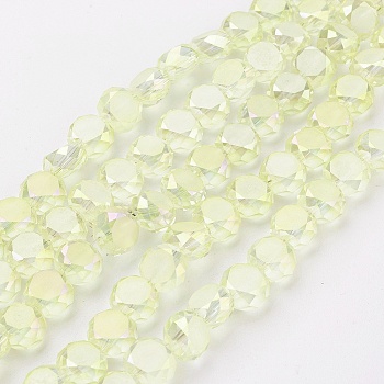 Electroplate Glass Beads Strands, Full Rainbow Plated, Faceted, Frosted, Flat Round, Yellow, 8x5~5.5mm, Hole: 1mm, about 72pcs/strand, 19.7~20.4 inch(50~52cm)