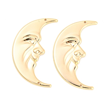 Brass Connector Charms, Crescent Moon Face Links, Real 18K Gold Plated, 46.5x27x2mm, Hole: 1.2mm