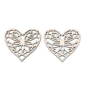 Unfinished Natural Poplar Wood Filigree Joiners Links, Laser Cut Wood Shapes, Heart, Antique White, 74x80x2.5mm