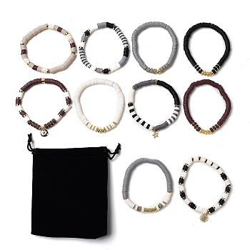 10Pcs 10 Styles Polymer Clay Heishi Beads Stretch Bracelets Sets, Stackable Bracelets, with Brass Beads and Brass Micro Pave Cubic Zirconia Charms, Mixed Color, Inner Diameter: 2~2-1/8 inch(5.2~5.5cm), 1pc/style