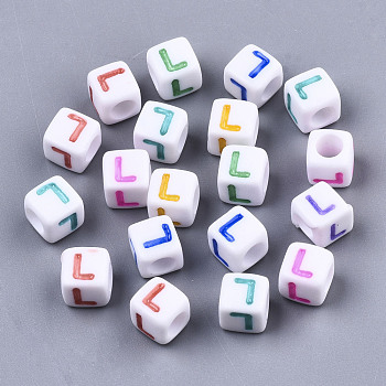 Opaque White Acrylic Beads, with Enamel, Horizontal Hole, Cube with Mixed Color Letter, Letter.L, 6x6x6mm, Hole: 3mm, about 2900pcs/500g