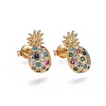 Brass Micro Pave Cubic Zirconia Stud Earrings, Pineapple, Golden, Colorful, 13.7x7.5x3mm, Pin: 0.7mm