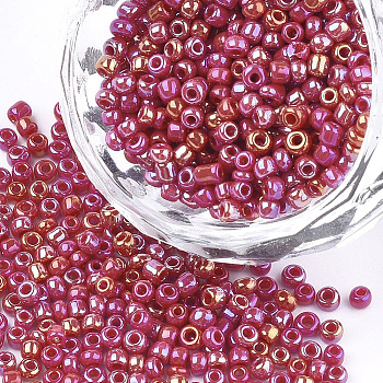 Opaque Glass Seed Beads, Rainbow Plated, Round, Cerise, 2mm, Hole: 1mm, about 30000pcs/bag