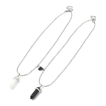 2Pcs 2 Style Natural Black Obsidian & White Jade Bullet Pendant Necklaces Set, Magnetic Alloy Metch Couple Necklaces for Best Friends Lovers, Heart, 17.60~17.72 inch(44.7~45cm), 1Pc/style
