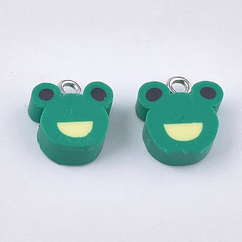 Handmade Polymer Clay Charms, with Iron Findings, Frog, Platinum, Green, 11~14x8~12x4~5mm, Hole: 1.8mm