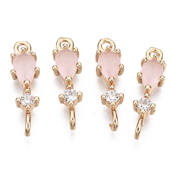 Brass Micro Pave Cubic Zirconia Links Connectors, with Glass, Long-Lasting Plated, Light Gold, Teardrop, Pink, 17x5x3.5mm, Hole: 1.5mm