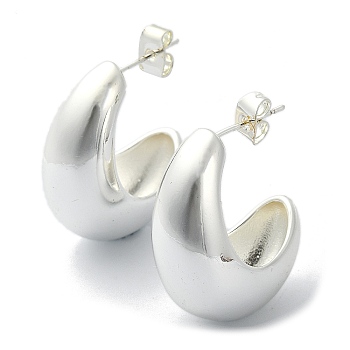 Teardrop Brass Stud Earrings, Half Hoop Earrings, Long-Lasting Plated, Silver, 27x14mm