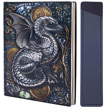 1 Book A5 3D Embossed PU Leather Notebook, with Paper Inside, for School Office Supplies, 1Pc PU Leather Single Pen Holder Case, Dragon, Notebook: 213x145x17.5~21mm, Pen Case: 167x35x2.5mm