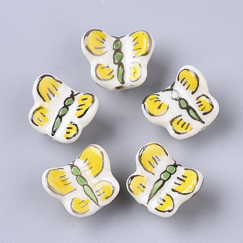 Handmade Porcelain Beads, Famille Rose Style, Butterfly, Yellow, 13.5~14.5x16.5~17.5x10mm, Hole: 1.8mm