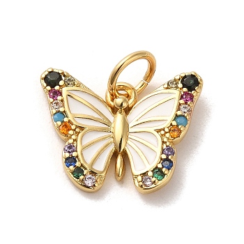 Brass Micro Pave Cubic Zirconia Pendants, with Enamel, Jump Rings, Butterfly, Light Gold, 10.5x13.5x2mm, Hole: 3.8mm
