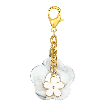 Acrylic Flower Pendants Decorations, Alloy Enamel and Alloy Lobster Claw Clasps Charms, White, 356mm
