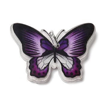 Opaque Acrylic Pendants, with Platinum Iron Jump Ring, Butterfly Charms, Purple, 25x33.5x4mm, Hole: 5.2mm