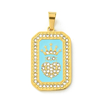 Ion Plating(IP) 304 Stainless Steel Pendants, with Enamel and Rhinestone, Rectangle with Tarot Charm, Real 18K Gold Plated, Cyan, 32x19.5x2mm, Hole: 6.5x4mm