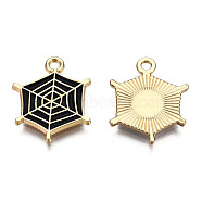 Light Gold Plated Alloy Pendants, with Enamel, Spider Web, Black, 20x16.5x1.5mm, Hole: 2mm(ENAM-T009-14A)