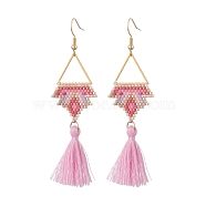 Glass Seed Braided Crown Dangle Earrings, with Cotton Tassels, Golden 304 Stainless Steel Triangle Jewelry for Women, Pearl Pink, 80mm, Pin: 0.7mm(EJEW-MZ00049)