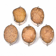 Natural Druzy Agate Links Connectors, with Light Gold Iron Findings, Dyed, Oval, Orange, 45~49x25~30x11~17mm, Hole: 1.6~2.5mm(G-S359-205A)