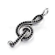 316 Surgical Stainless Steel Rhinestone Pendants, Musical Note, Antique Silver, 37x14x6mm, Hole: 3.5mm(STAS-P112-04AS)