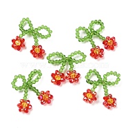 Glass Beaded Pendants, with Copper Wire, Bowknot with Flower Charms, Red, 25~27x25~28x5~5.5mm, Hole: 5.5x7.5mm(GLAA-C028-08B)