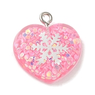 Acrylic Pendant, with Iron Findings, Glitter, Valentine Heart with Snowflake, Pink, 20.5x20x6.5mm, Hole: 2mm(OACR-H030-01E)
