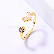 Natural Shell Open Cuff Ring, Golden Stainless Steel Finger Ring, Heart, Inner Diameter: 16~18mm(YD7798-4)