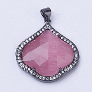 Brass Cat Eye Pendant, with Micro Pave Cubic Zirconia, Faceted, Long-Lasting Plated, Petal, Hot Pink, Gunmetal, 28x25x5mm, Hole: 3.5x4mm(X-ZIRC-G112-O01-B)
