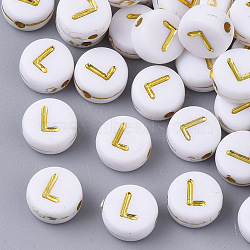 Plating Acrylic Beads, Golden Metal Enlaced, Horizontal Hole, Flat Round with Alphabet, White, Letter.L, 7x3.5mm, Hole: 1.2mm, about 360pcs/50g(X-PACR-R242-01L)